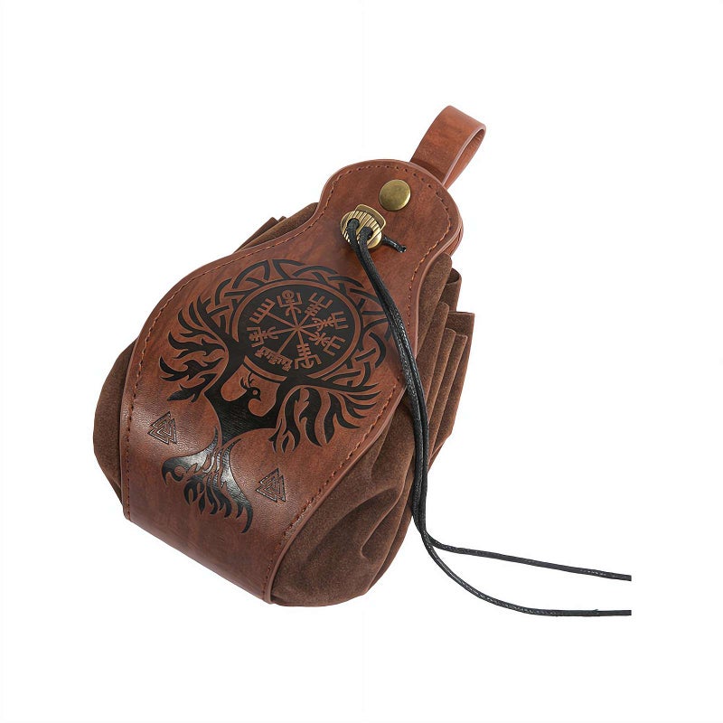 Leather Coin Pouch, Medieval Faux Leather Drawstring Coin Purse with Embossed Design, Vintage Belt Pouch for LARP Cosplay, Daily Use Retro Waist Bag (Brown) - Image 1